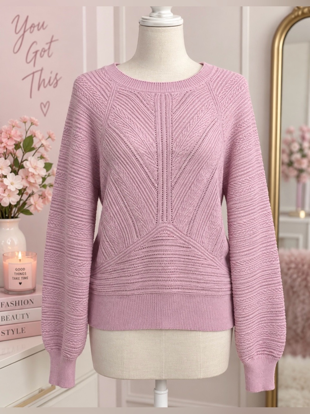 Express Lavender Cable-Knit Crewneck Sweater